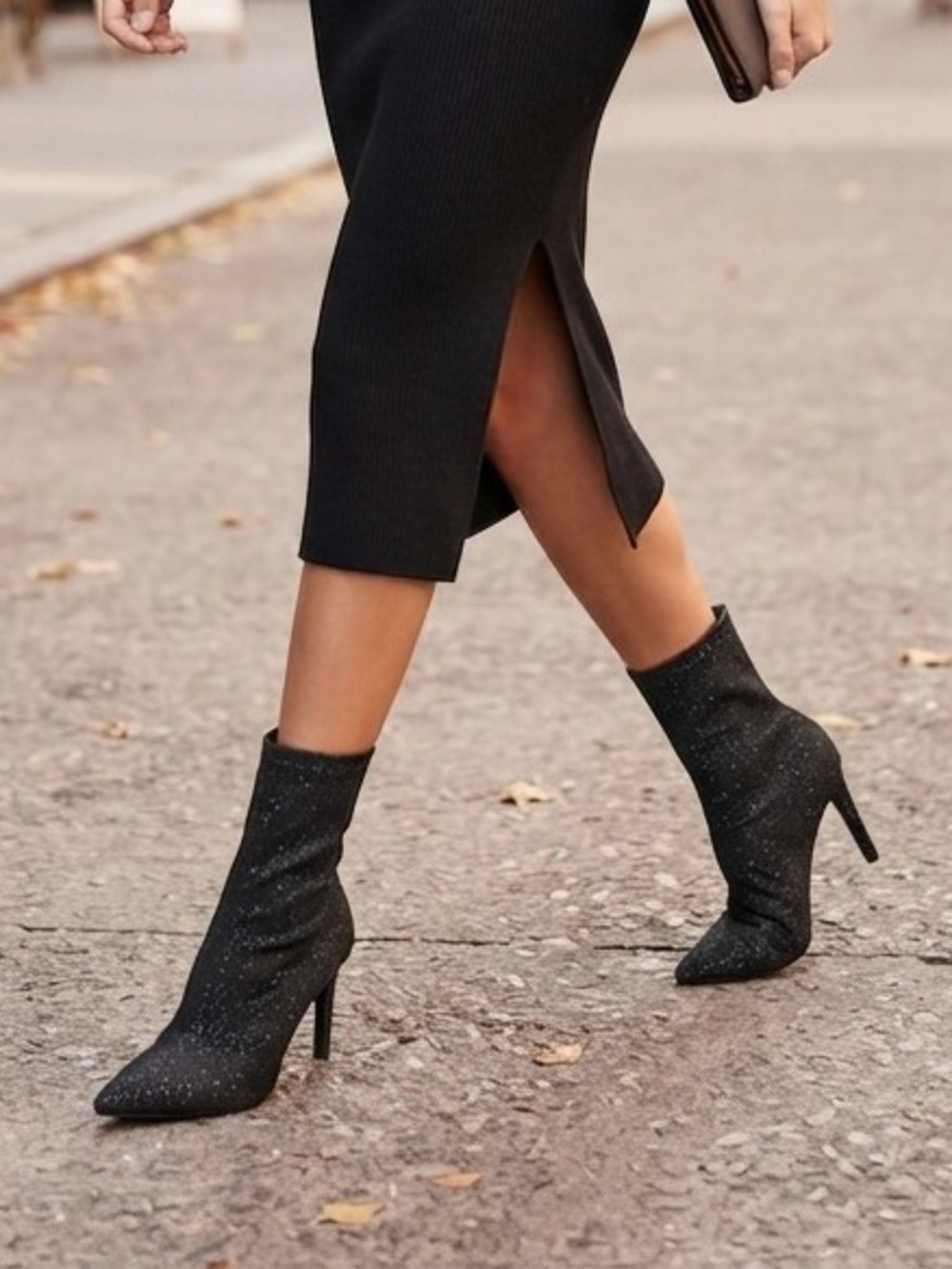 Brash Black Glitter Pointed Toe Stiletto Ankle Booties